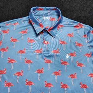 IZOD Men's XL Blue Polo Shirt Pink Flamingo Print Golf Stretch Short Sleeve